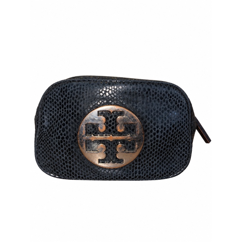 Tory Burch Black Snake Embossed Leather Cosmetic Pouch
